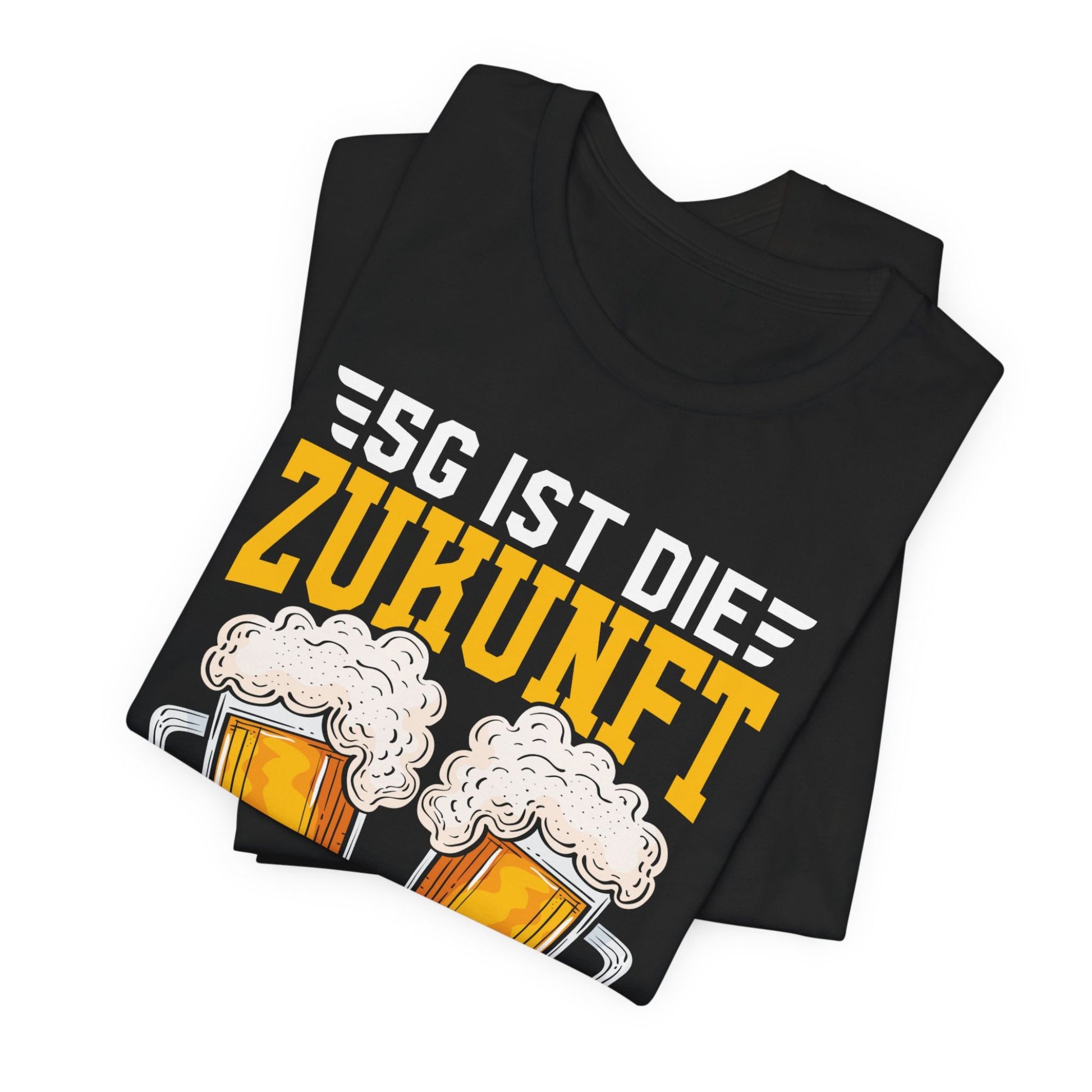 Lustiges T-Shirt mit Spruch '5G ist die Zukunft – Gekauft, Geöffnet, Gekühlt, Getrunken, Glücklich' und Bier-Motiv
