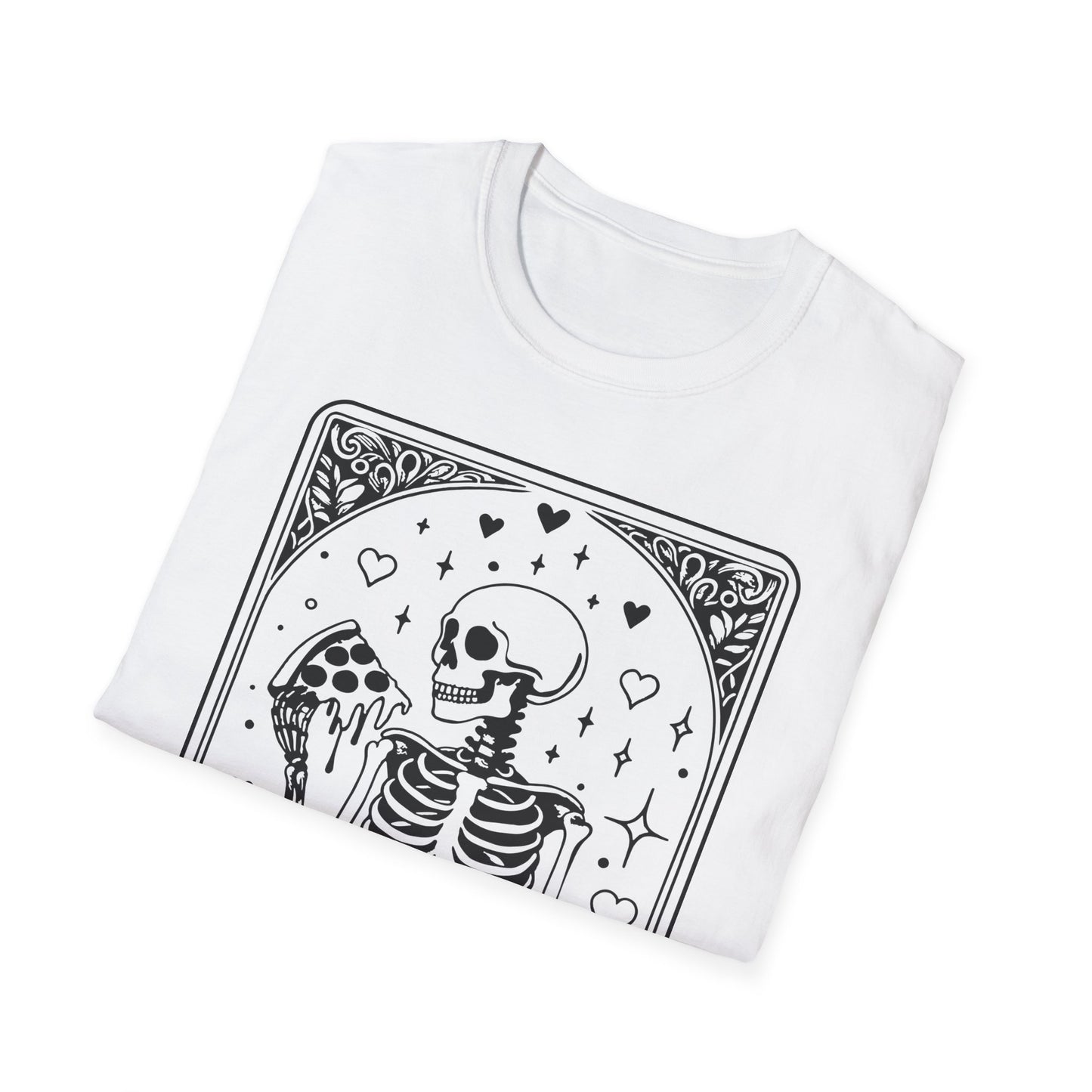 Pizza Lover Tarot T-Shirt – Skelett im Pizza-Rausch im mystischen Design