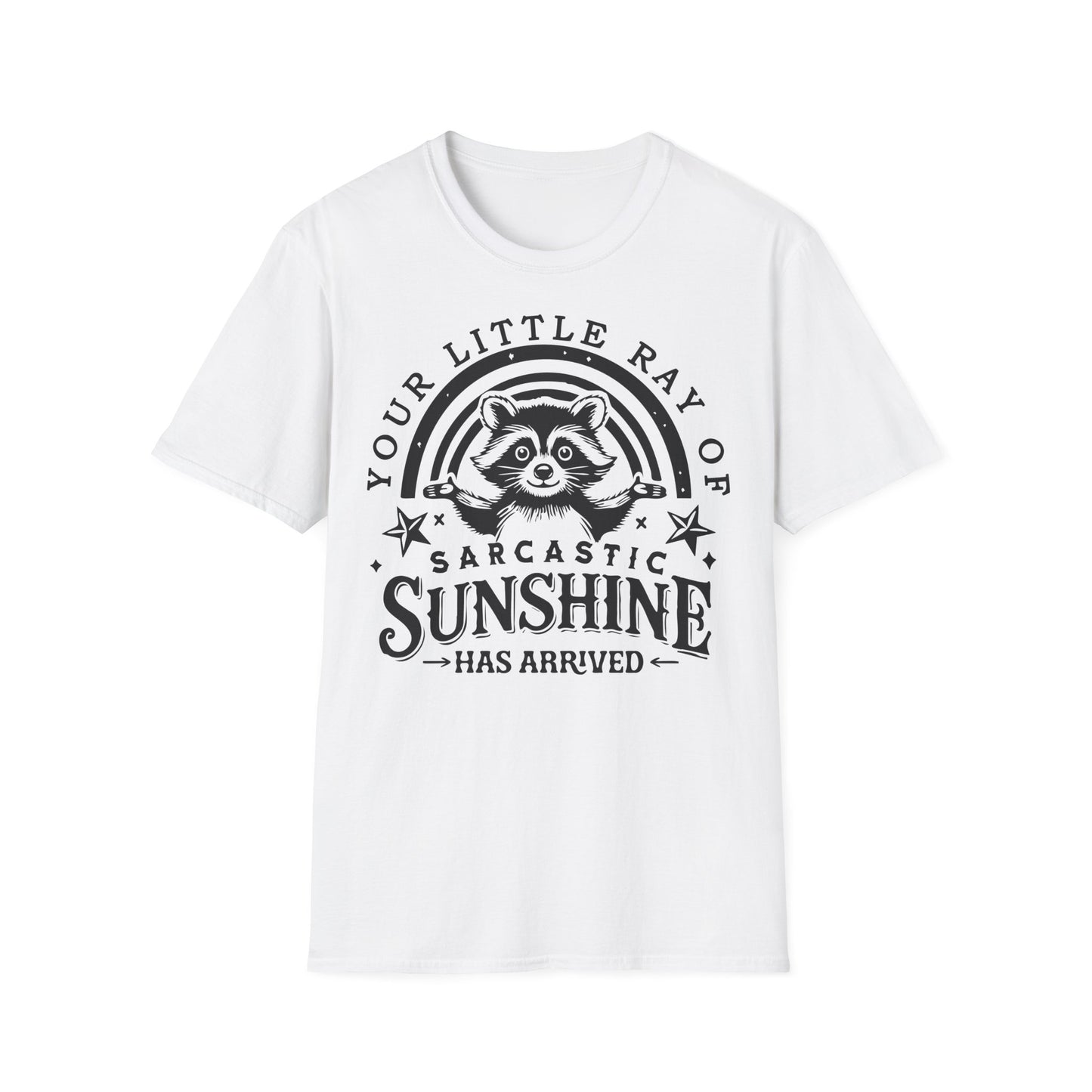 Weißes T-Shirt mit Waschbär und dem englischen Spruch „Your little ray of sarcastic sunshine has arrived“ in verspielter Schrift