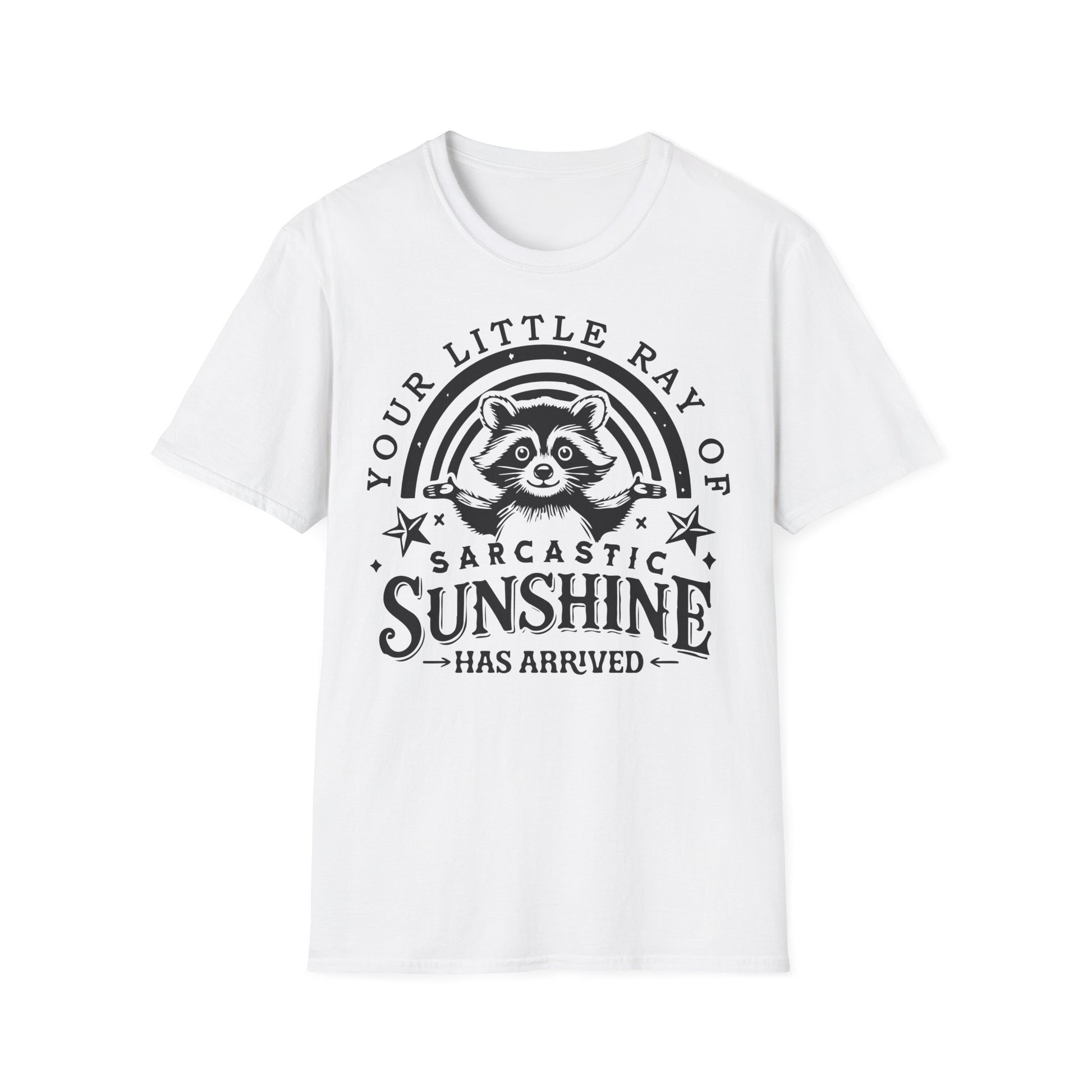 Weißes T-Shirt mit Waschbär und dem englischen Spruch „Your little ray of sarcastic sunshine has arrived“ in verspielter Schrift