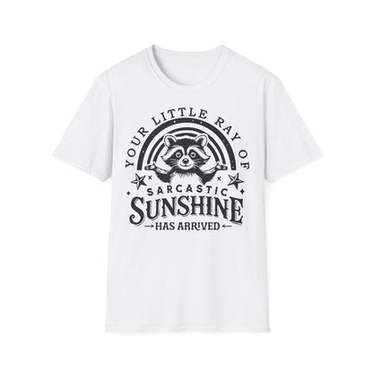 Weißes T-Shirt mit Waschbär und dem englischen Spruch „Your little ray of sarcastic sunshine has arrived“ in verspielter Schrift