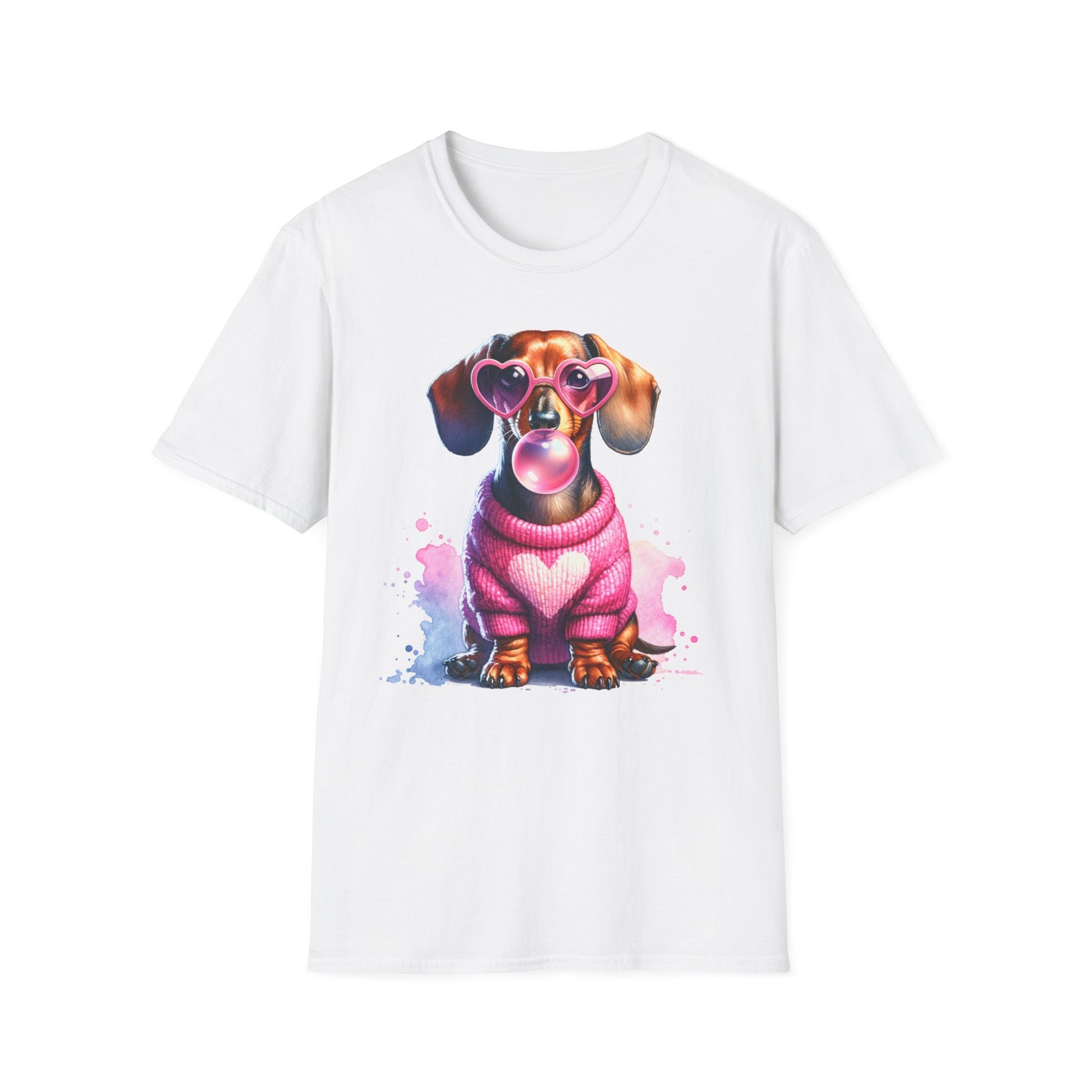 weißes Dackel T-Shirt mit rosa Herz-Pullover, Herzbrille und Bubblegum-Motiv – süßes Geschenk für Hundeliebhaber