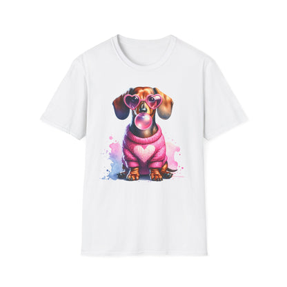 weißes Dackel T-Shirt mit rosa Herz-Pullover, Herzbrille und Bubblegum-Motiv – süßes Geschenk für Hundeliebhaber