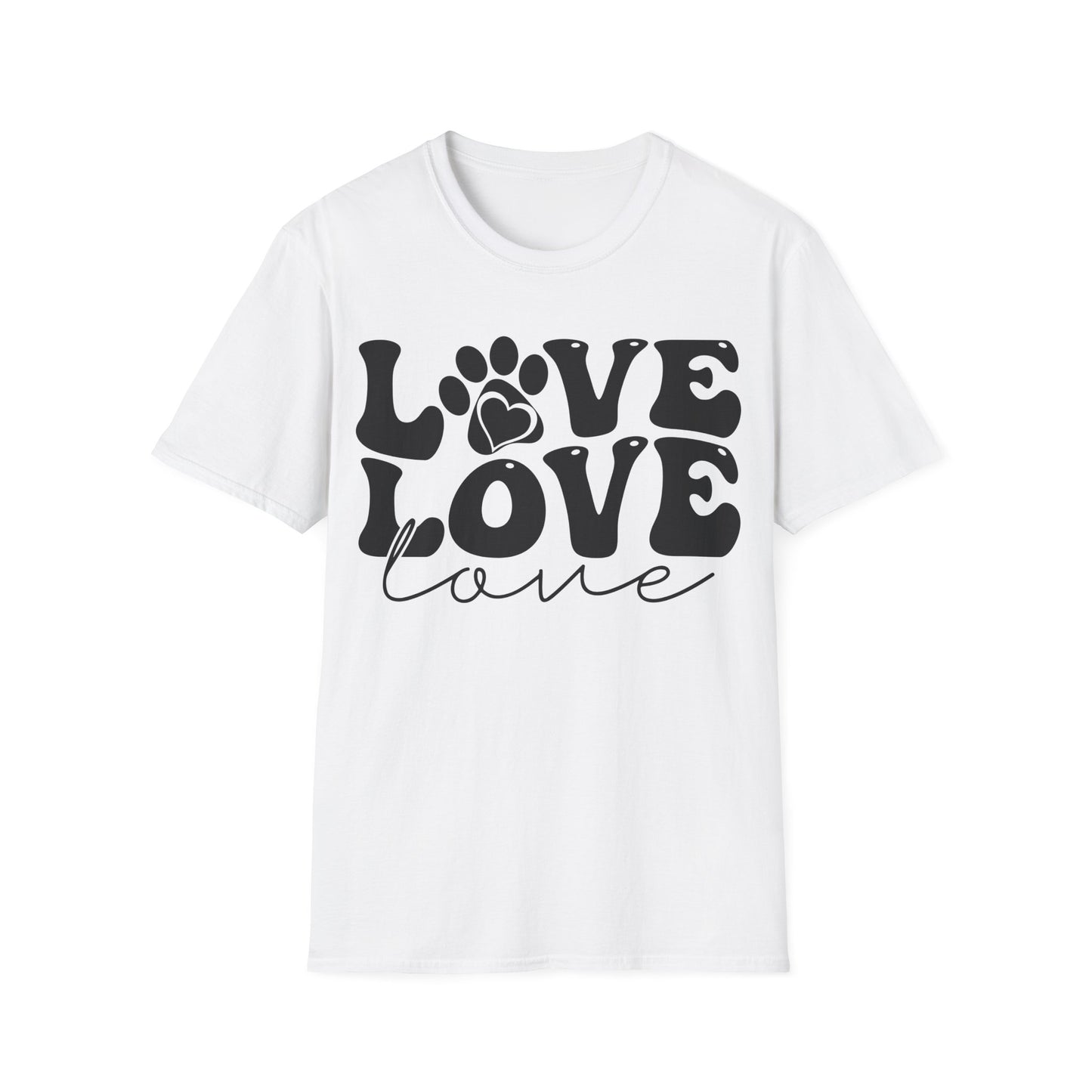 Weißes T-Shirt mit schwarzem Love-Schriftzug, Herz und Pfotenabdruck – Unisex Tierfreunde Shirt