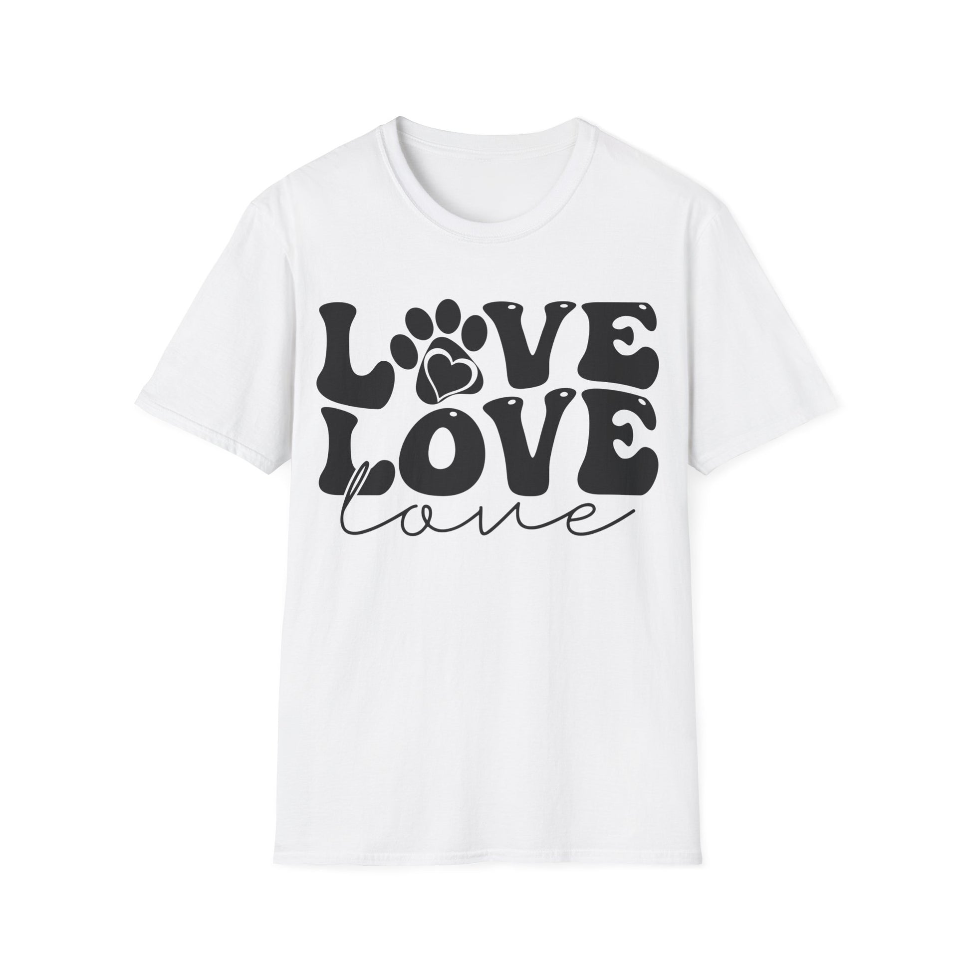 Weißes T-Shirt mit schwarzem Love-Schriftzug, Herz und Pfotenabdruck – Unisex Tierfreunde Shirt
