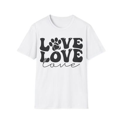 Weißes T-Shirt mit schwarzem Love-Schriftzug, Herz und Pfotenabdruck – Unisex Tierfreunde Shirt