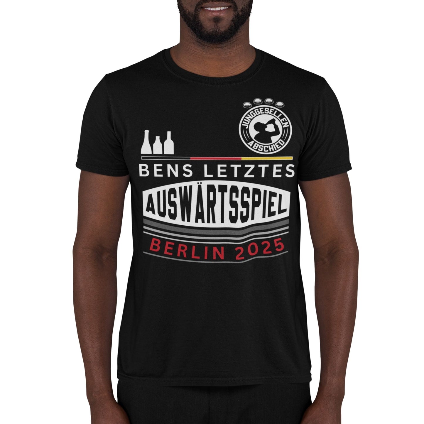 Schwarzes Tshirt für die Freunde des Bräutigams "Bens letztes Auswärtsspiel" Trikot Design 