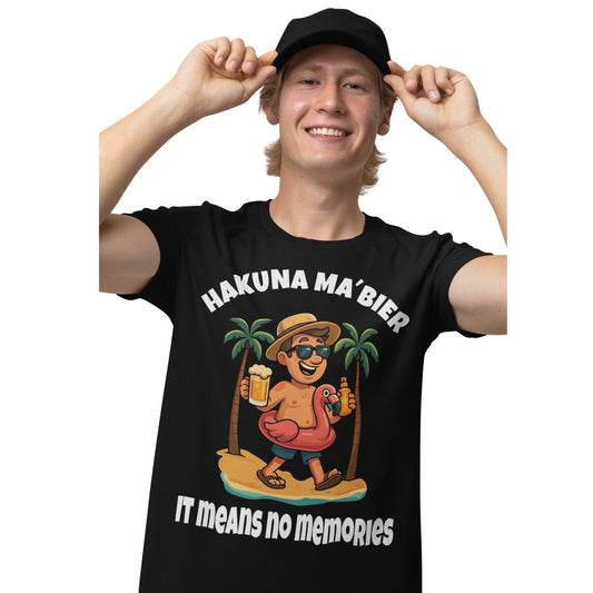 Schwarzes T-Shirt mit bunter Illustration: Mann mit Flamingo-Schwimmring, Bier in der Hand, Text: „Hakuna Ma’Bier – It Means No Memories“