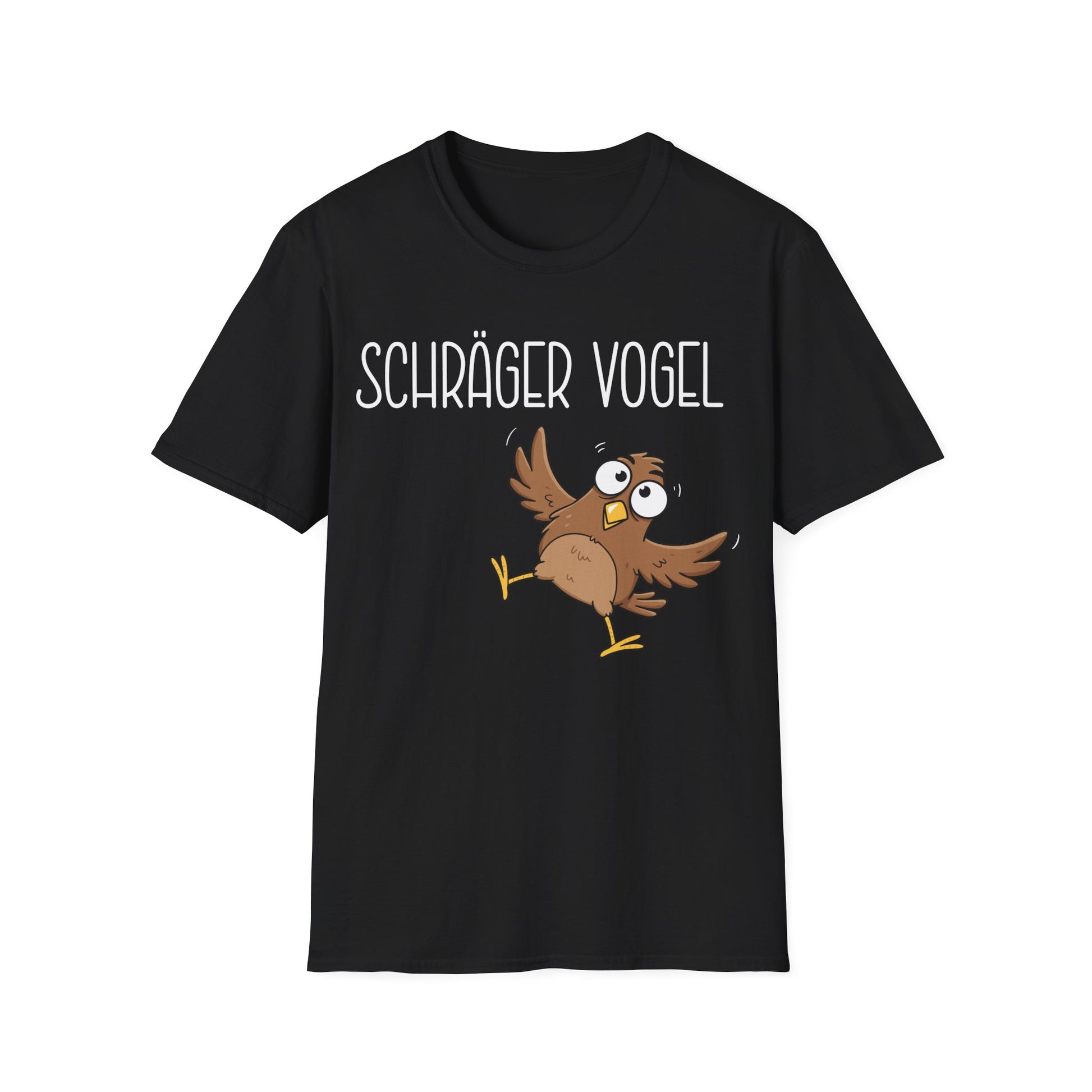 Schwarzes T-Shirt mit Comic-Vogel und Spruch „Schräger Vogel“ – lustiges Funshirt für Damen und Herren