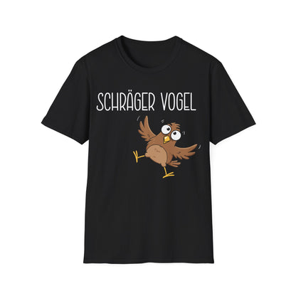 Schwarzes T-Shirt mit Comic-Vogel und Spruch „Schräger Vogel“ – lustiges Funshirt für Damen und Herren