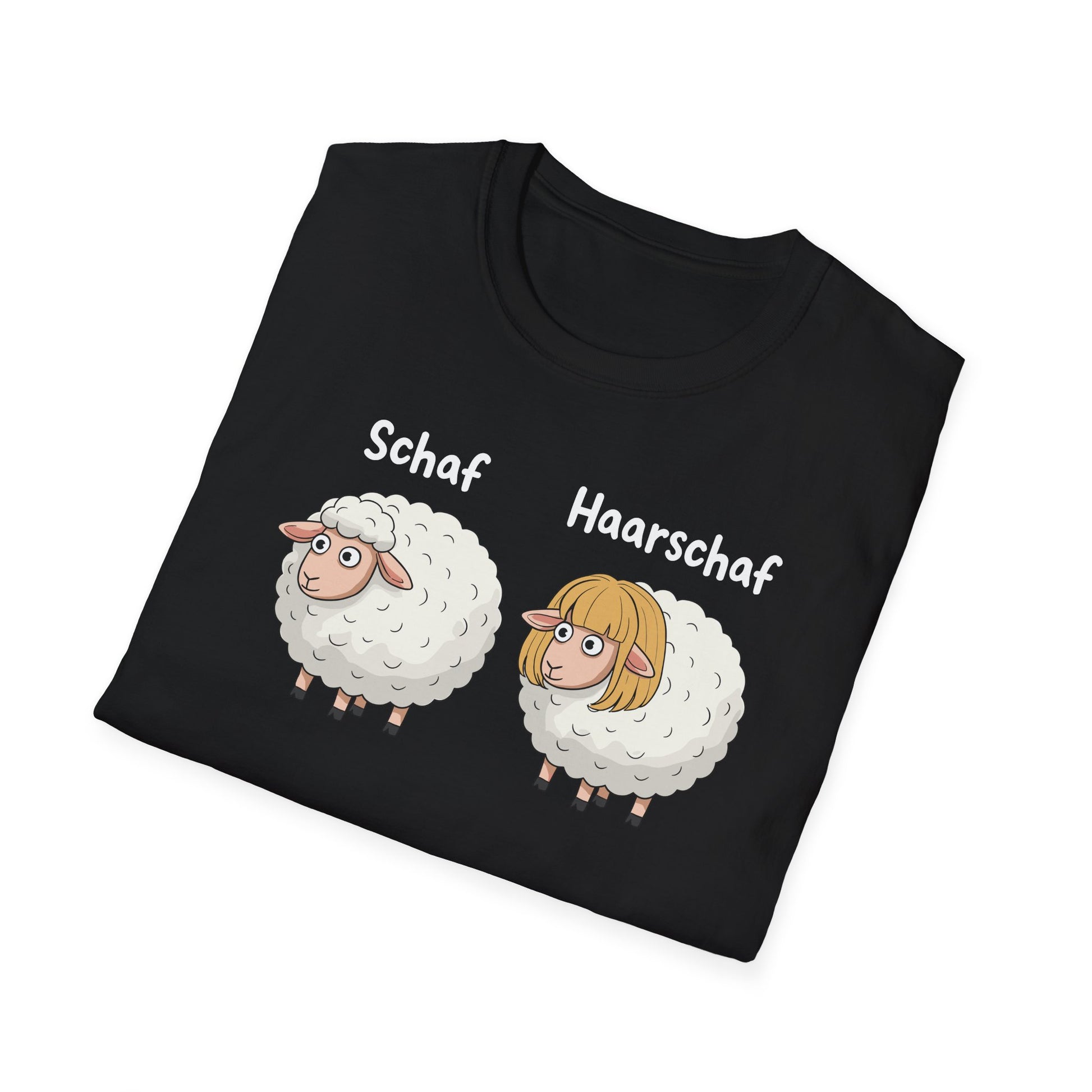 Schwarzes T-Shirt mit Comic-Motiv „Schaf“ und „Haarschaf“ – lustiges Wortspiel für Humor- und Tierliebhaber, Unisex

 gefalten - Comic Design perfekt zu erkennen