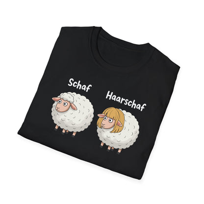 Schwarzes T-Shirt mit Comic-Motiv „Schaf“ und „Haarschaf“ – lustiges Wortspiel für Humor- und Tierliebhaber, Unisex

 gefalten - Comic Design perfekt zu erkennen