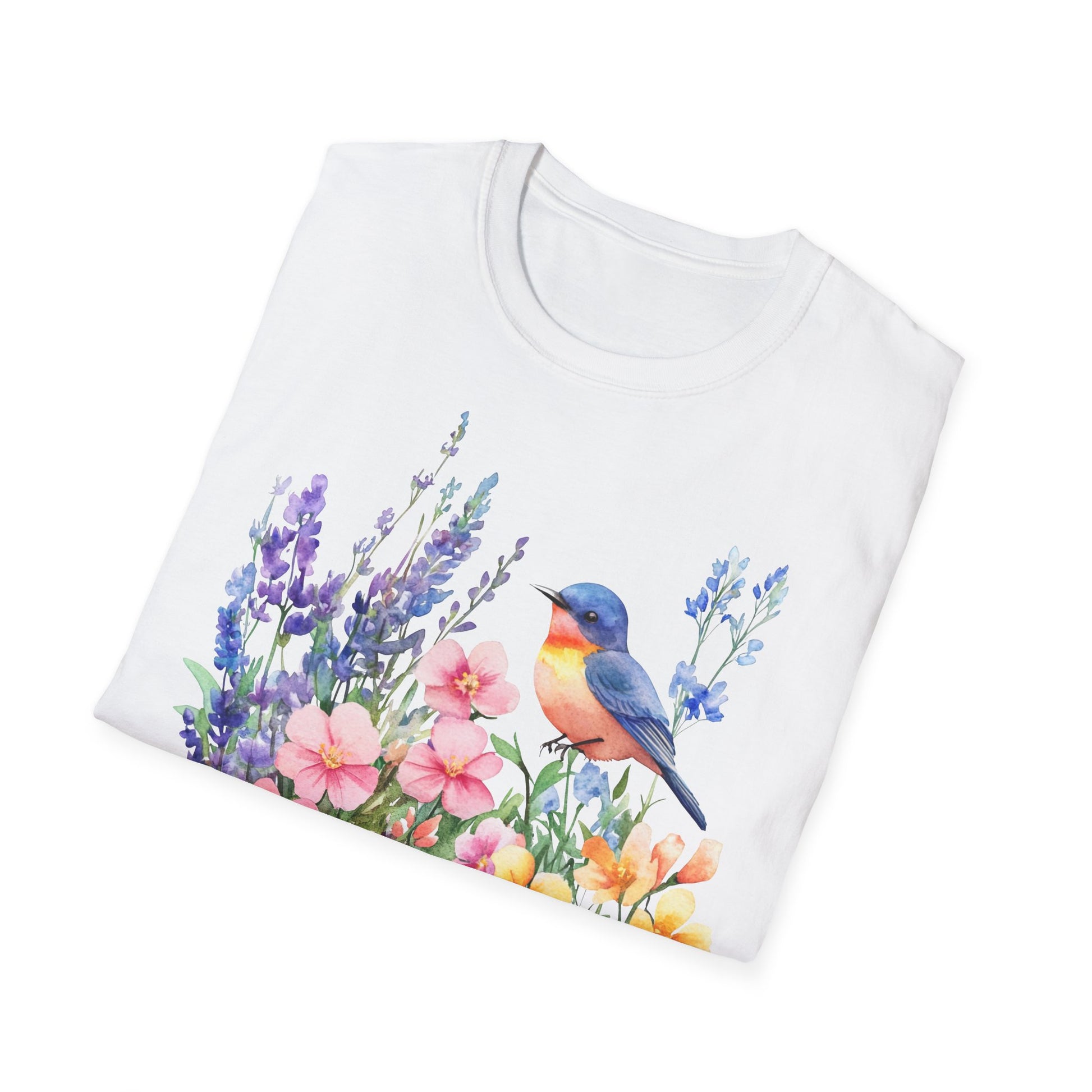 gefaltenes Shirt weiß mit Motiv  T-Shirt mit buntem Vogel und Blumenmotiv – Natur & Frühling Design Unisex