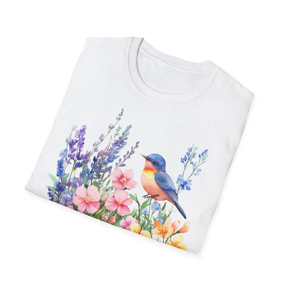 gefaltenes Shirt weiß mit Motiv  T-Shirt mit buntem Vogel und Blumenmotiv – Natur & Frühling Design Unisex