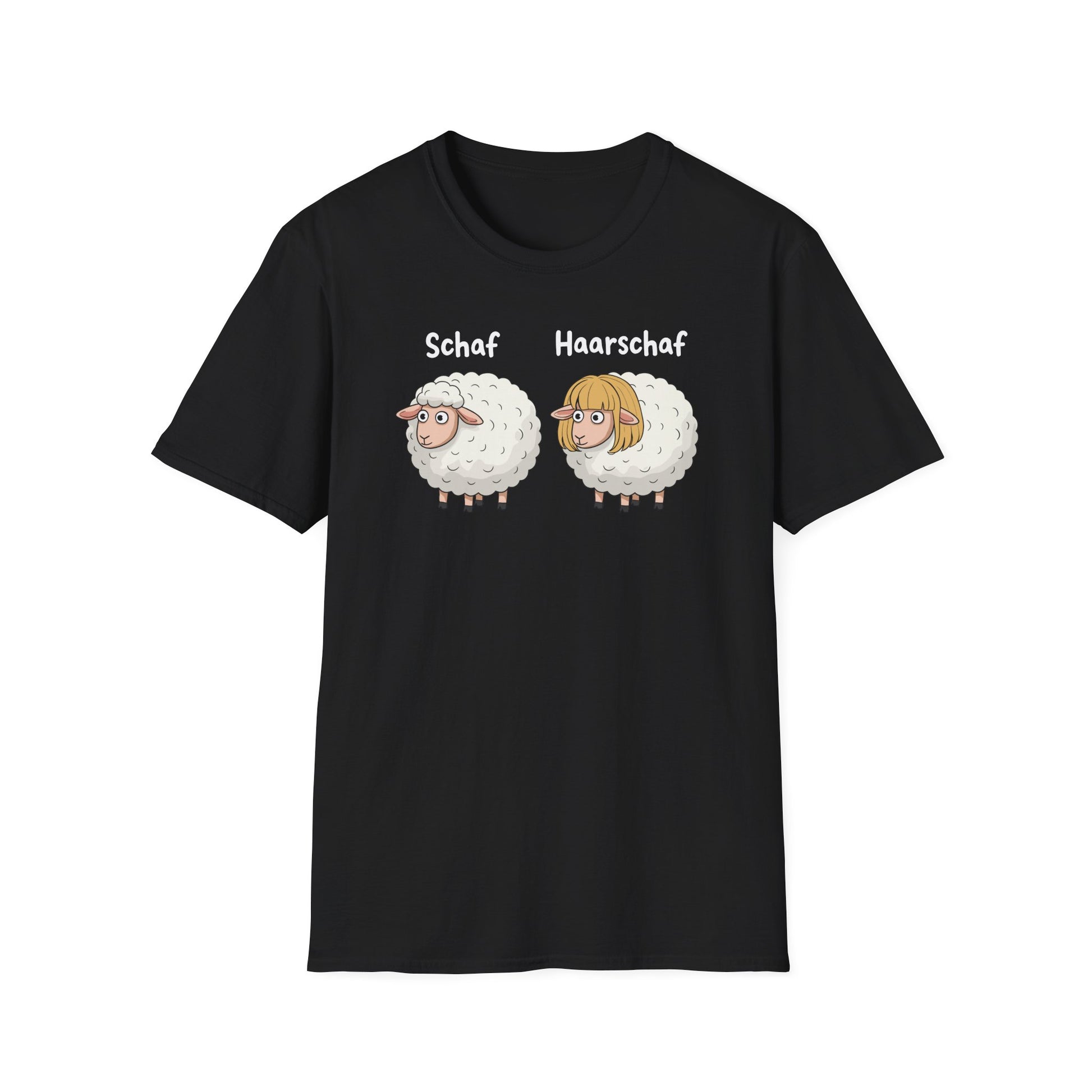 Schwarzes T-Shirt mit Comic-Motiv „Schaf“ und „Haarschaf“ – lustiges Wortspiel für Humor- und Tierliebhaber, Unisex

