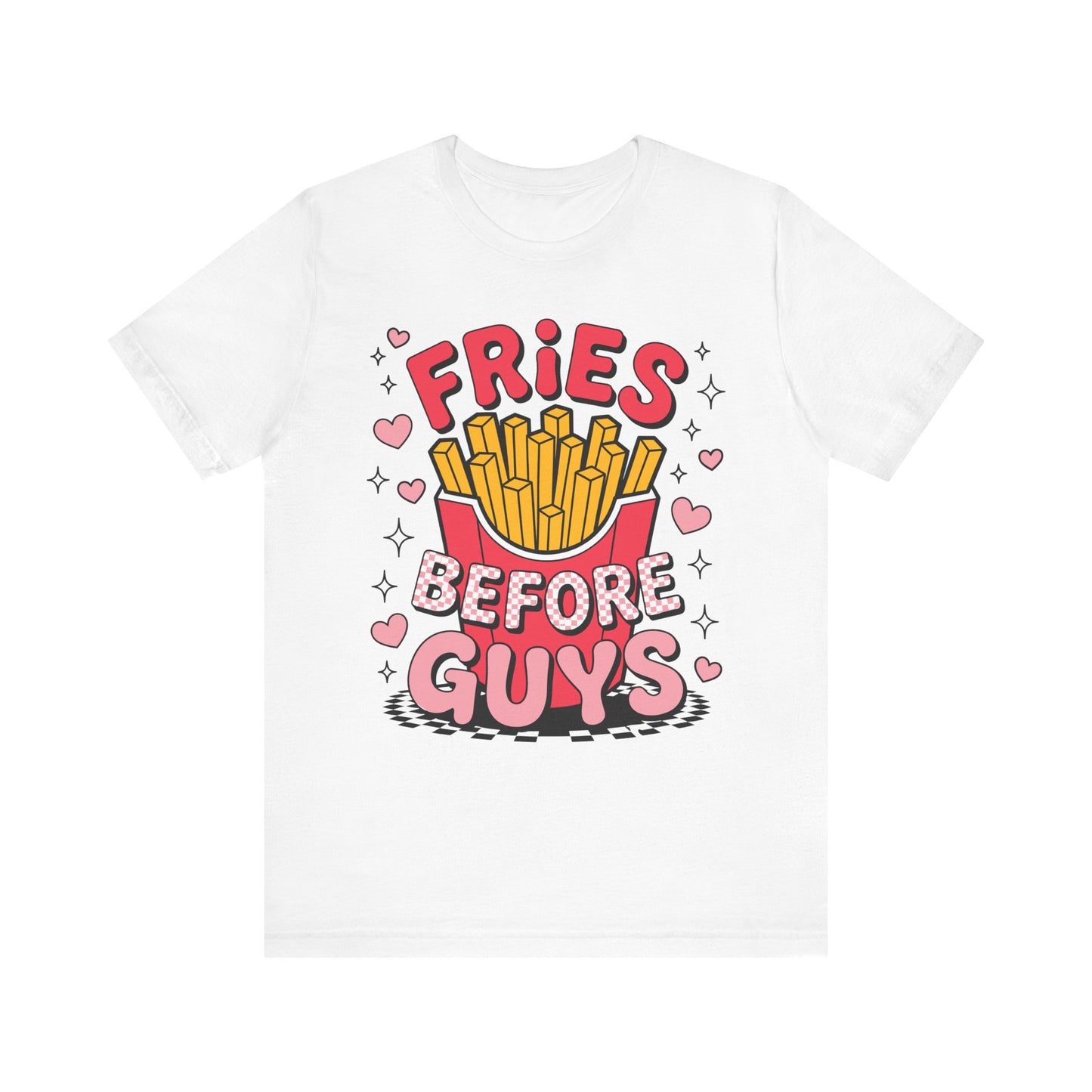 Fries Before Guys T-Shirt in Weiß – Lustiges Statement Shirt mit Pommes-Grafik und pinker Schrift für Damen & Herren

