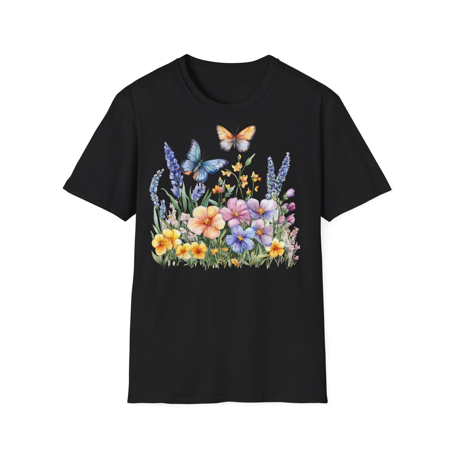Schwarzes T-Shirt mit bunten Schmetterlingen und Blumen – Naturmotiv für Damen & Herren