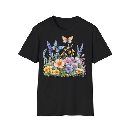 Schwarzes T-Shirt mit bunten Schmetterlingen und Blumen – Naturmotiv für Damen & Herren