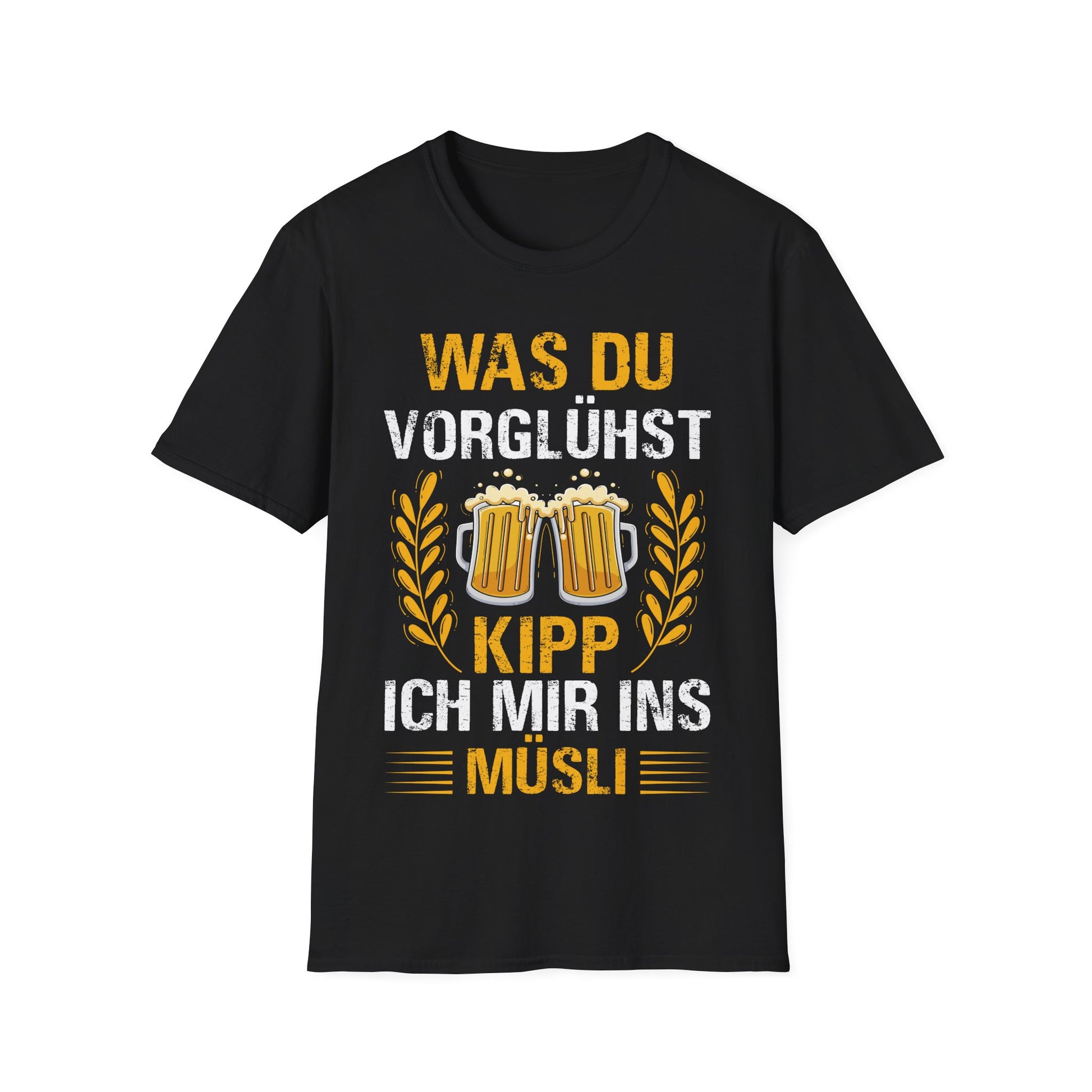 Schwarzes Herren T-Shirt mit dem Spruch „Was du vorglühst, kipp ich mir ins Müsli“ und Biergläsern – lustiges Partyshirt