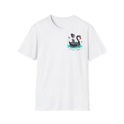 Weißes Unisex-T-Shirt mit kleiner Brustgrafik und großem Rückenprint „Hot Ghoul Summer“, Skelett auf schwarzem Flamingo im Wasser, sommerlich-humorvolles Design.