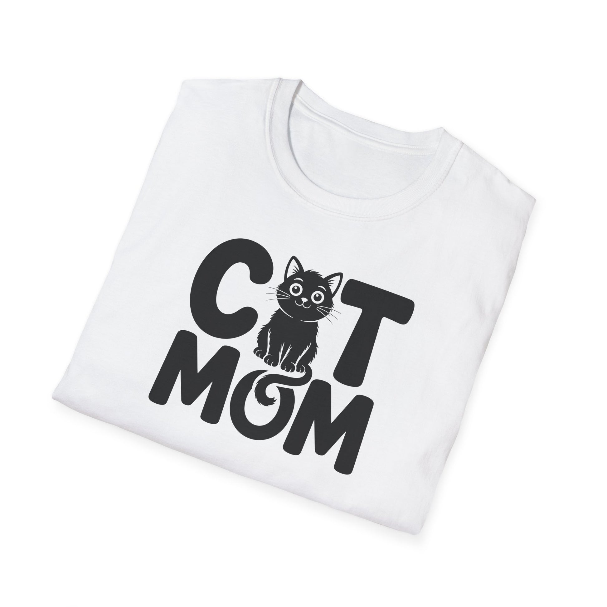 Weißes T-Shirt mit der Aufschrift „Cat Mom“ und süßer schwarzer Katze als Design – perfektes Geschenk für Katzenmamas gefaltene Version 