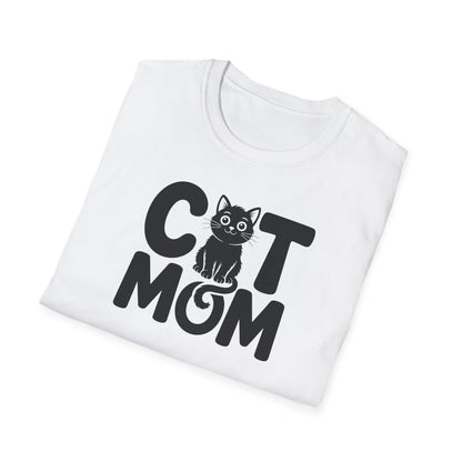 Weißes T-Shirt mit der Aufschrift „Cat Mom“ und süßer schwarzer Katze als Design – perfektes Geschenk für Katzenmamas gefaltene Version 