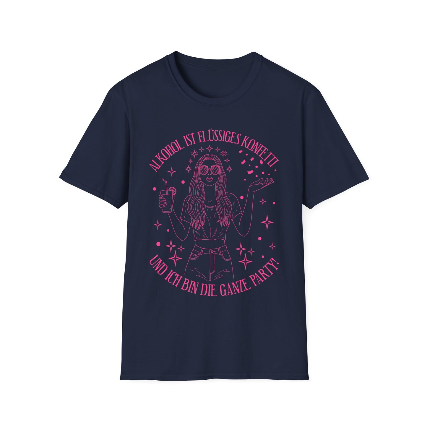 Damen T-Shirt in Navy mit pinkem Print: Frau mit Cocktail und Konfetti, Spruch „Alkohol ist flüssiges Konfetti – und ich bin die ganze Party“