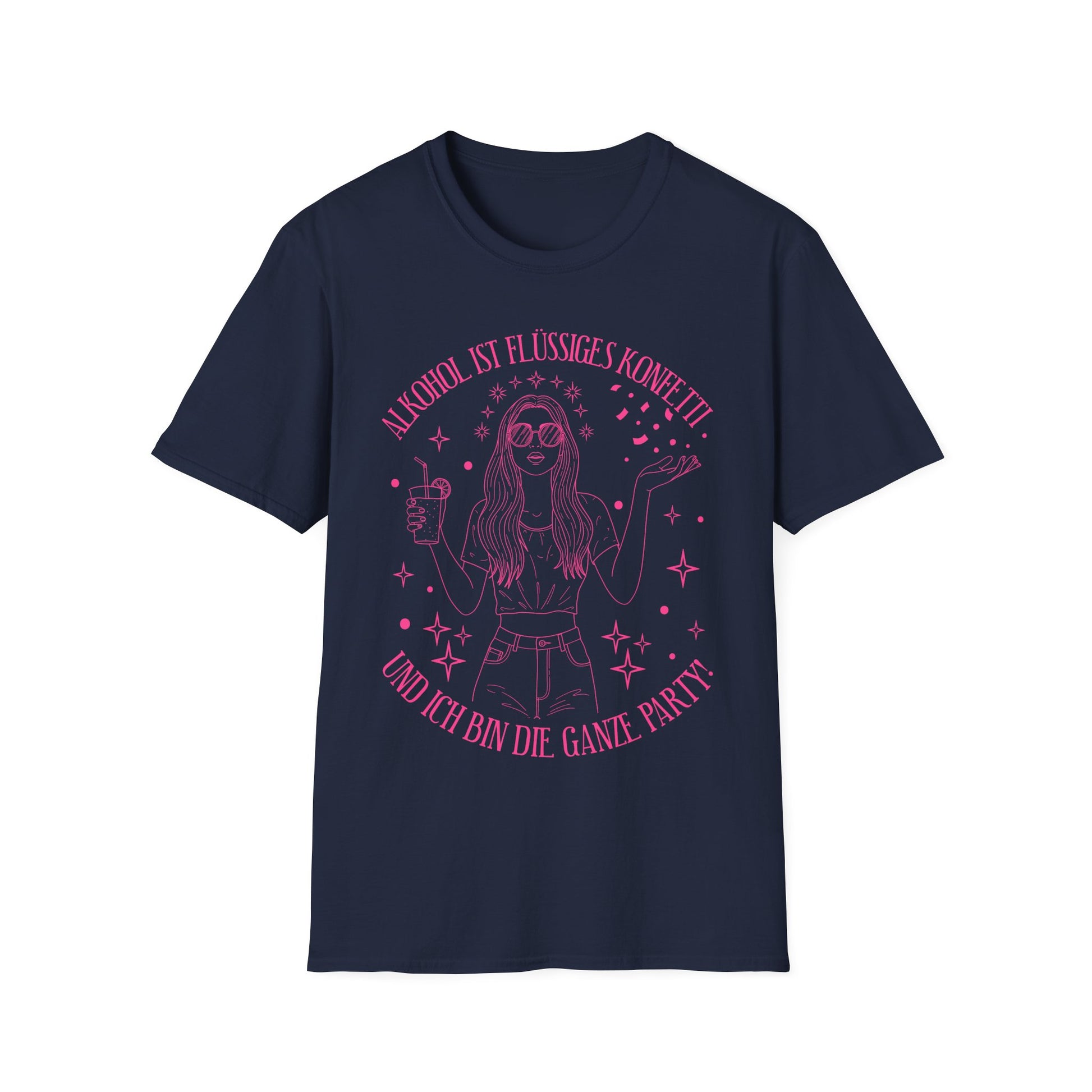 Damen T-Shirt in Navy mit pinkem Print: Frau mit Cocktail und Konfetti, Spruch „Alkohol ist flüssiges Konfetti – und ich bin die ganze Party“