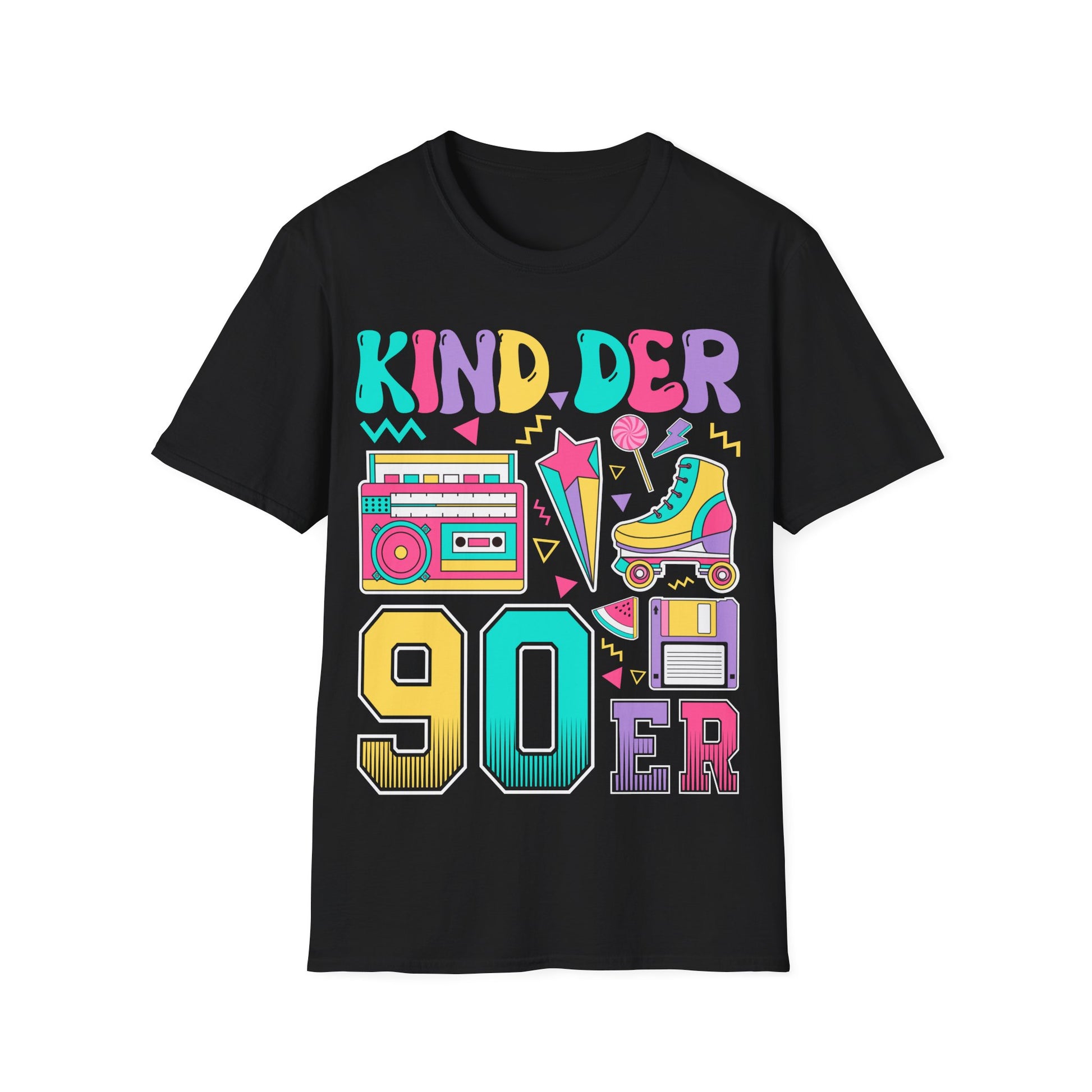Kinder der 90er T-Shirt in Schwarz – Buntes Retro Funshirt mit Rollschuh, Kassette, Diskette und Bonbon im 90s Vintage Look für Damen & Herren