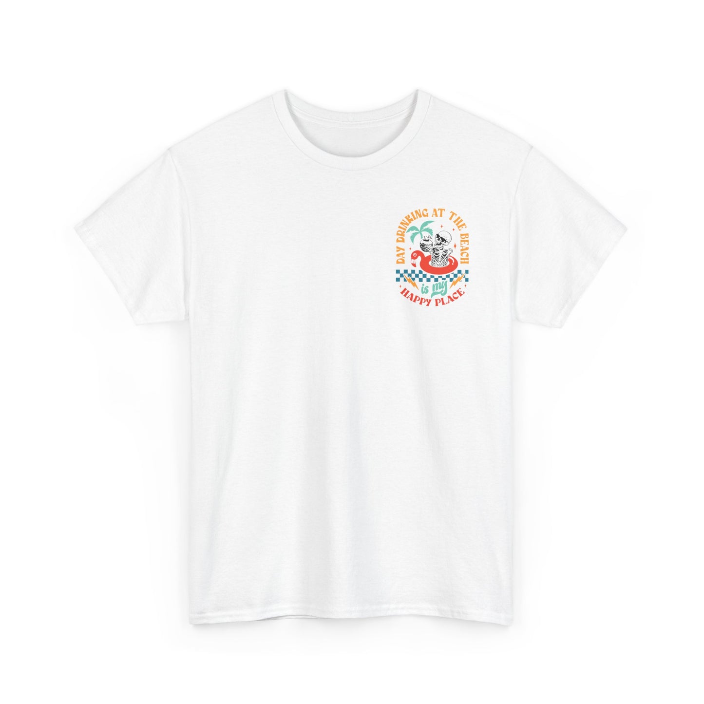 Brust print T-Shirt „Day Drinking is my Happy Place“ – Partyshirt mit Skelett & Cocktail