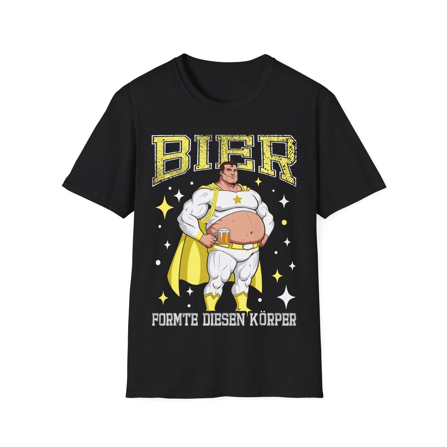 Schwarzes T-Shirt mit Comic-Superheld mit Bierbauch, gelbem Cape und dem Spruch „Bier formte diesen Körper“ – witziges Shirt für Männer

