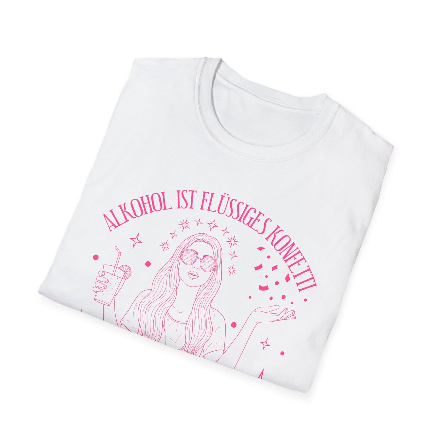 T-Shirt in weiß mit pinkem Print: Frau mit Cocktail und Konfetti, Spruch „Alkohol ist flüssiges Konfetti – und ich bin die ganze Party“