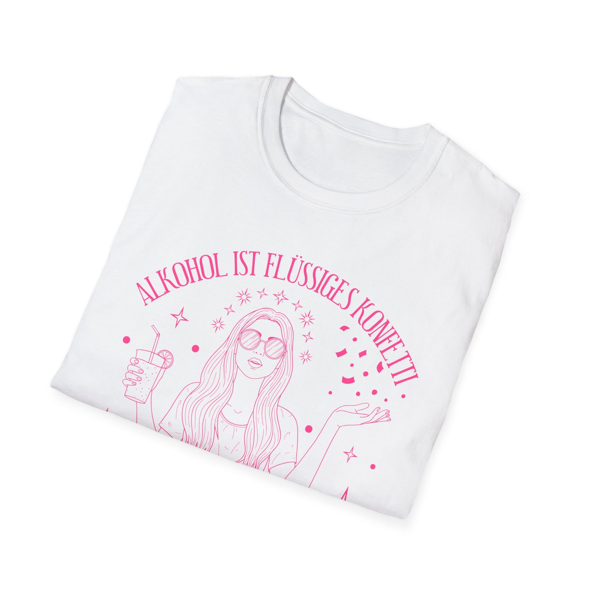T-Shirt in weiß mit pinkem Print: Frau mit Cocktail und Konfetti, Spruch „Alkohol ist flüssiges Konfetti – und ich bin die ganze Party“