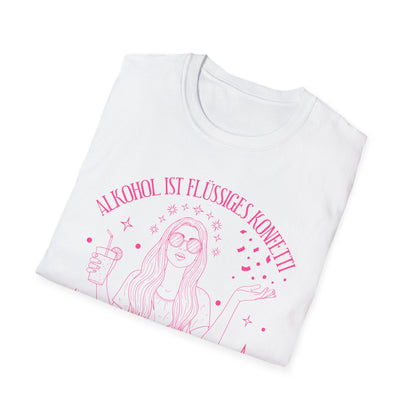 T-Shirt in weiß mit pinkem Print: Frau mit Cocktail und Konfetti, Spruch „Alkohol ist flüssiges Konfetti – und ich bin die ganze Party“