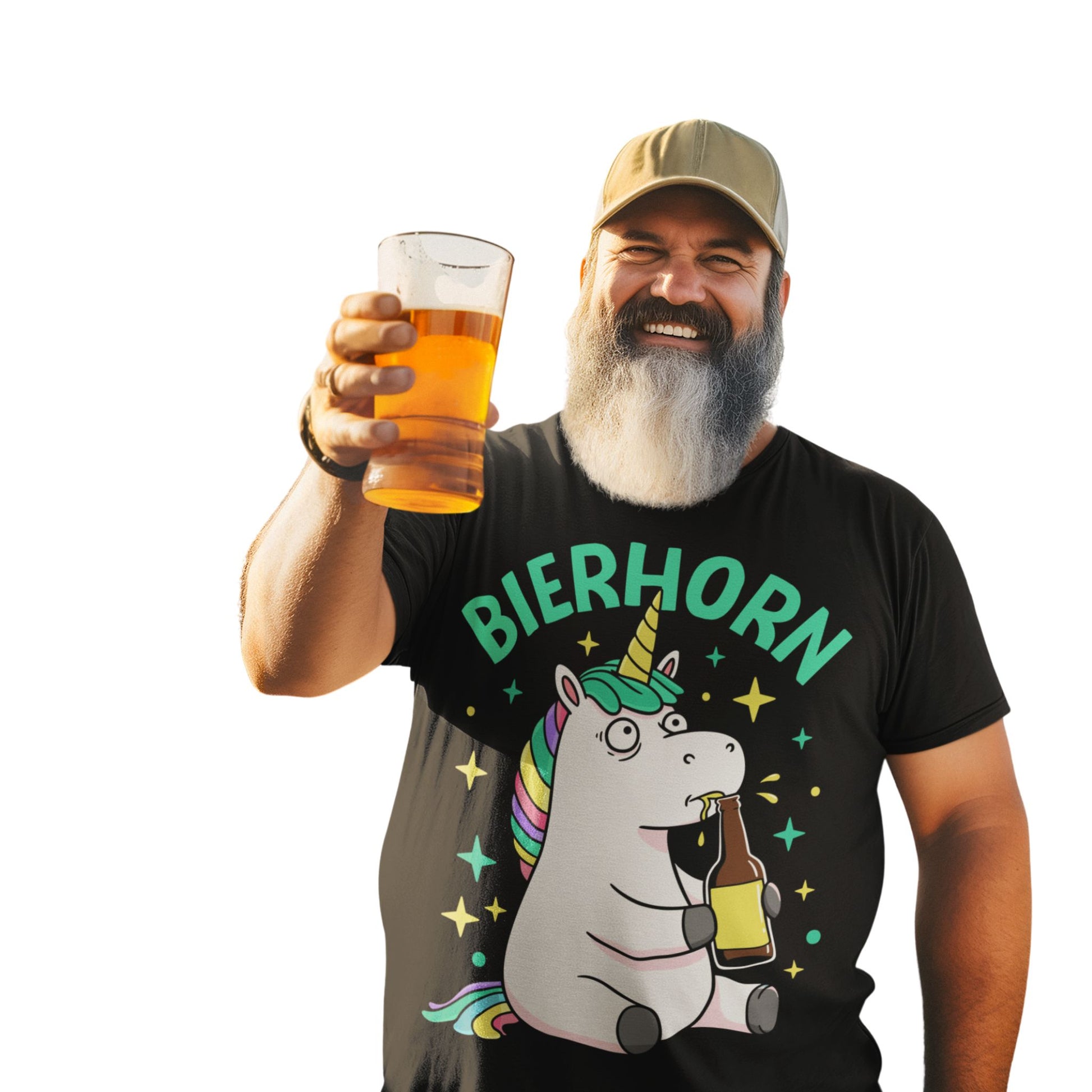 Schwarzes Unisex T-Shirt mit bunter Einhorn-Illustration, das ein Bier trinkt und dem Schriftzug „Bierhorn“ – ideal für Partys und Festivals