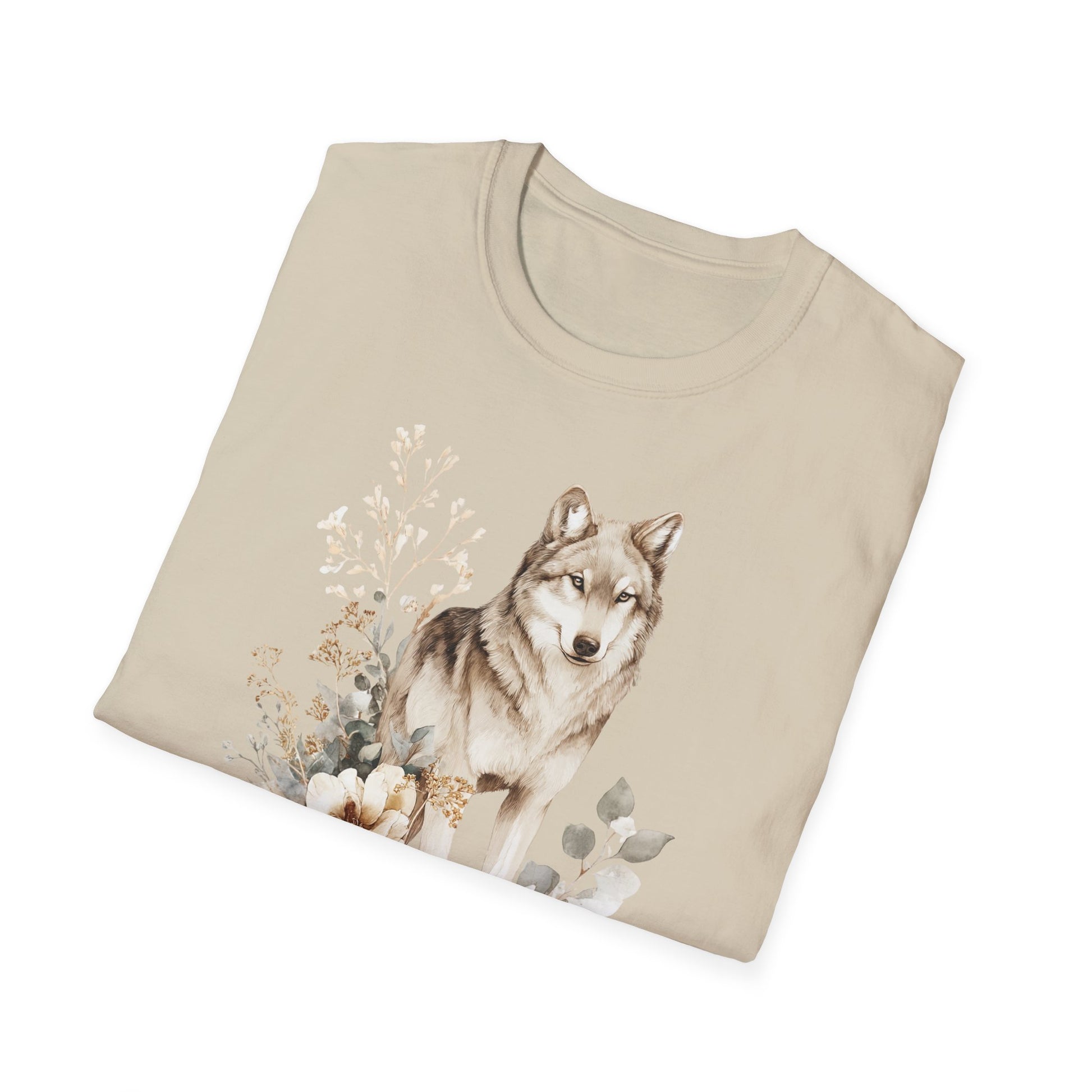 Beiges T-Shirt mit realistischem Wolf-Motiv und floraler Illustration – Wildlife & Natur Design gefaltene Version