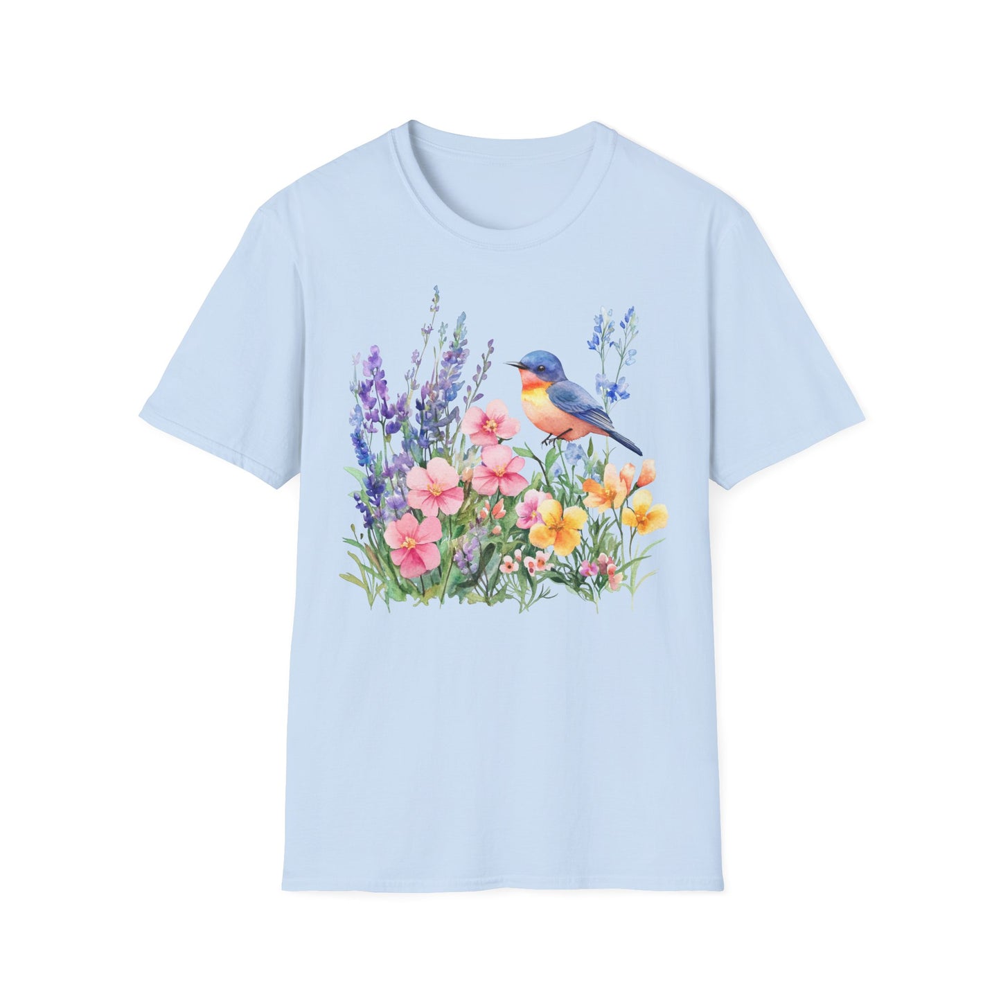 Light Blue  T-Shirt mit buntem Vogel und Blumenmotiv – Natur & Frühling Design Unisex