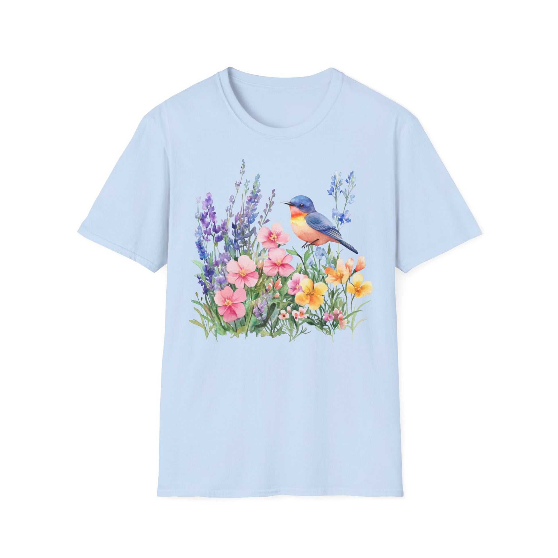 Light Blue  T-Shirt mit buntem Vogel und Blumenmotiv – Natur & Frühling Design Unisex