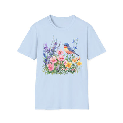 Light Blue  T-Shirt mit buntem Vogel und Blumenmotiv – Natur & Frühling Design Unisex