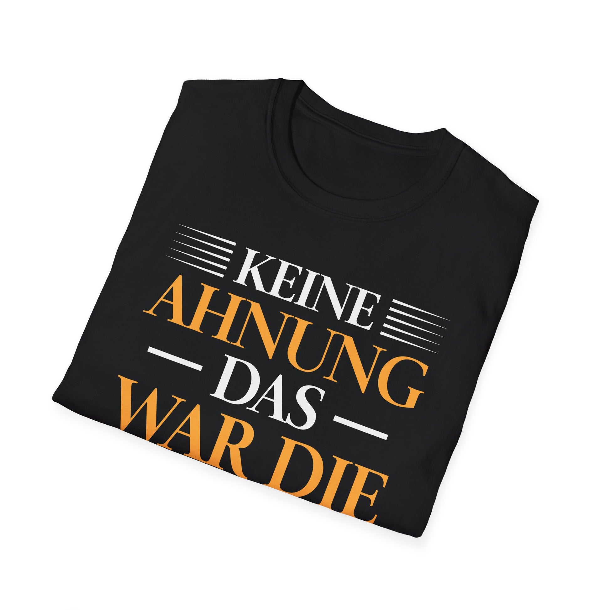 Schwarzes T-Shirt mit Aufdruck „Keine Ahnung, das war die andere Schicht“ in auffälliger gelb-weißer Schrift