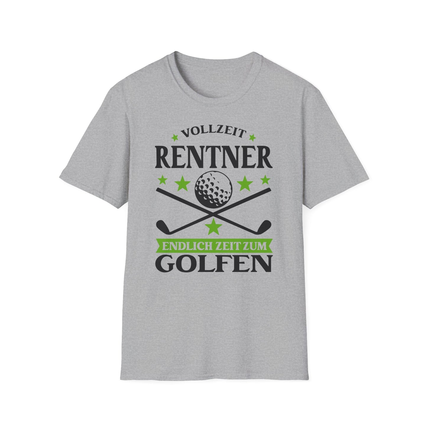 T-Shirt mit Golfmotiv, grün-schwarzem Aufdruck „Vollzeit Rentner – Endlich Zeit zum Golfen“ und zwei gekreuzten Golfschlägern