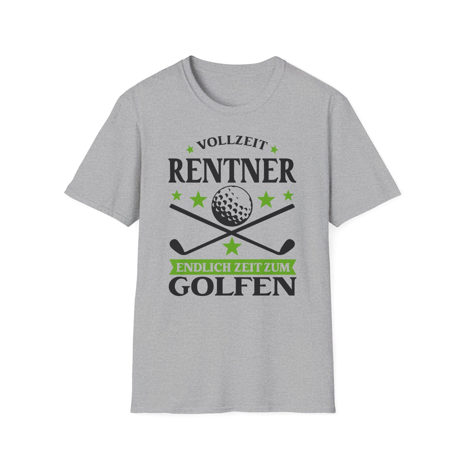 T-Shirt mit Golfmotiv, grün-schwarzem Aufdruck „Vollzeit Rentner – Endlich Zeit zum Golfen“ und zwei gekreuzten Golfschlägern