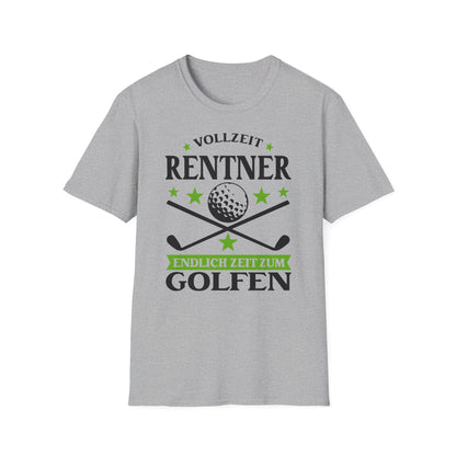 T-Shirt mit Golfmotiv, grün-schwarzem Aufdruck „Vollzeit Rentner – Endlich Zeit zum Golfen“ und zwei gekreuzten Golfschlägern