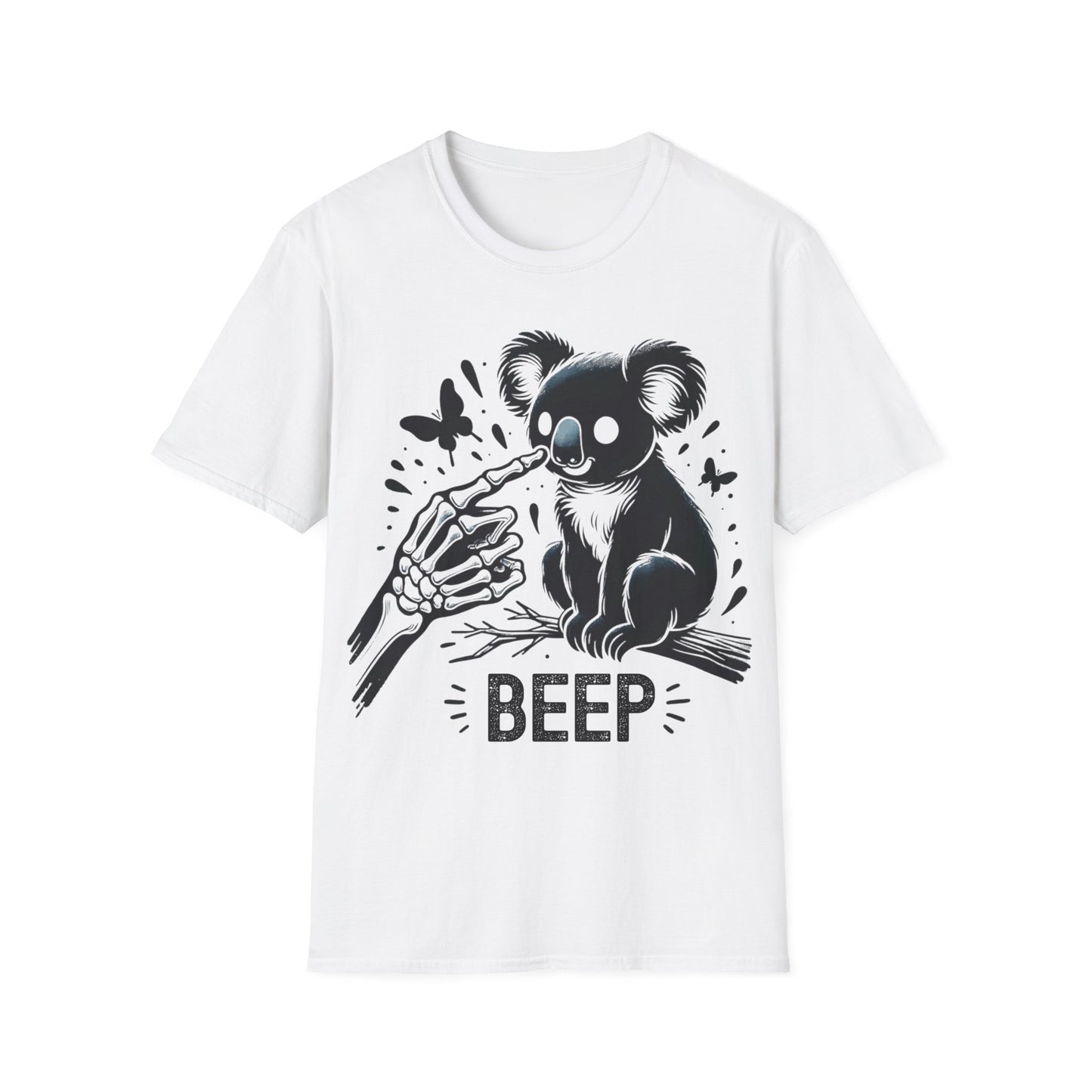 Weißes T-Shirt mit schwarzem Koala-Motiv, Skelett-Hand und „Beep“-Schriftzug, lustiges Unisex Shirt