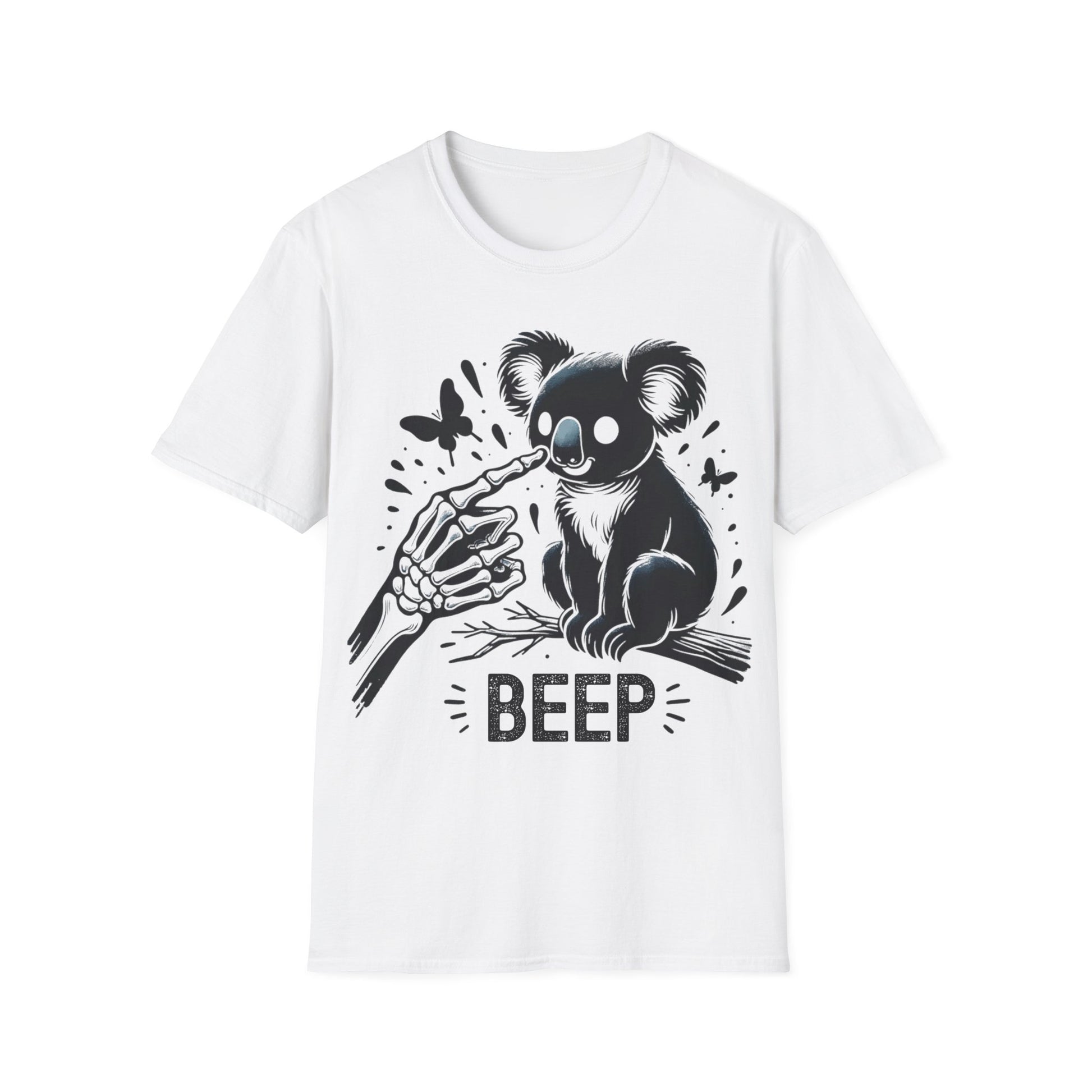 Weißes T-Shirt mit schwarzem Koala-Motiv, Skelett-Hand und „Beep“-Schriftzug, lustiges Unisex Shirt