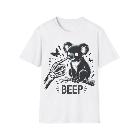 Weißes T-Shirt mit schwarzem Koala-Motiv, Skelett-Hand und „Beep“-Schriftzug, lustiges Unisex Shirt