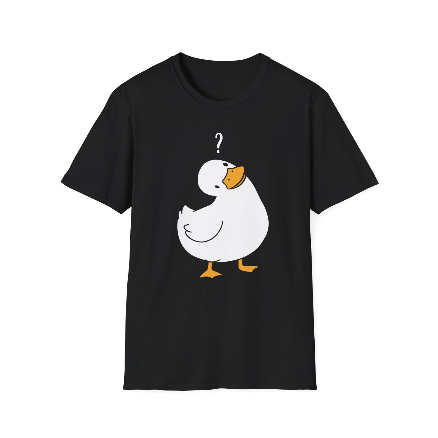 Schwarzes T-Shirt mit weißer, verwirrt blickender Ente und Fragezeichen über dem Kopf – humorvolles Cartoon-Shirt für Männer & Frauen