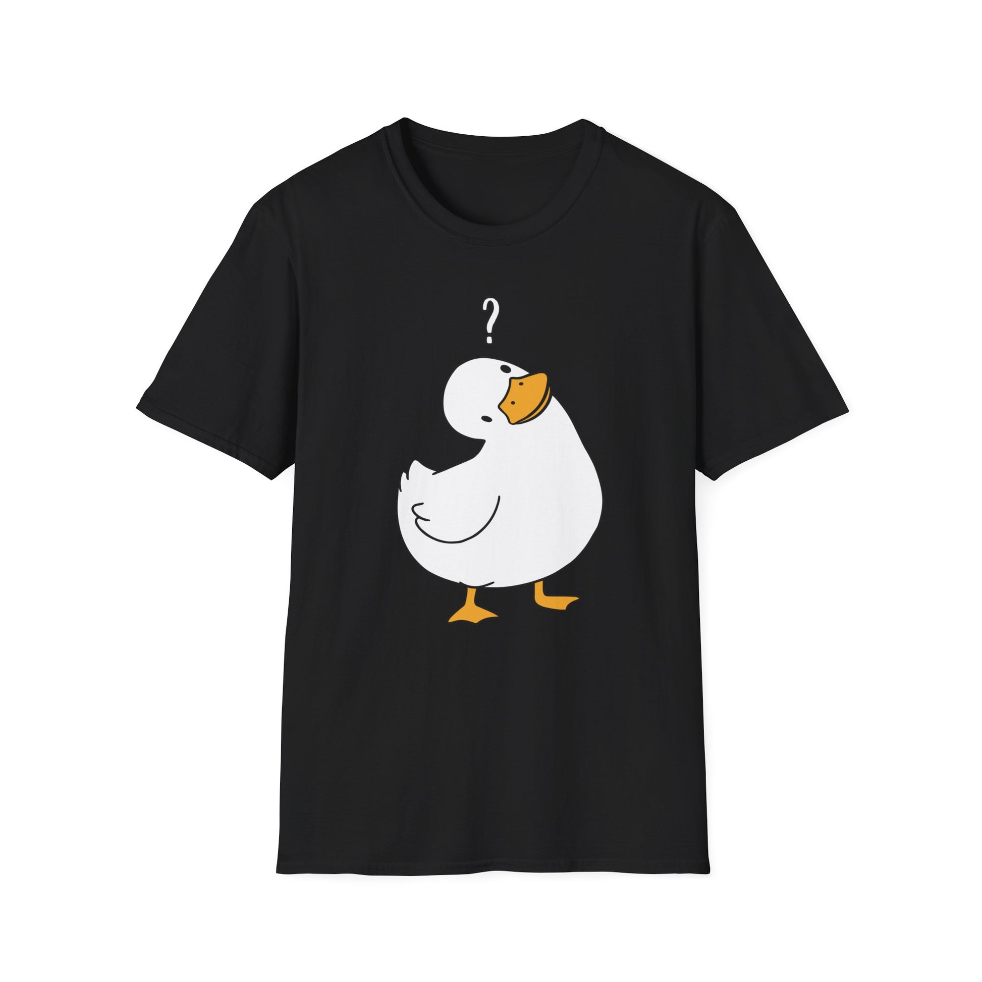 Schwarzes T-Shirt mit weißer, verwirrt blickender Ente und Fragezeichen über dem Kopf – humorvolles Cartoon-Shirt für Männer & Frauen