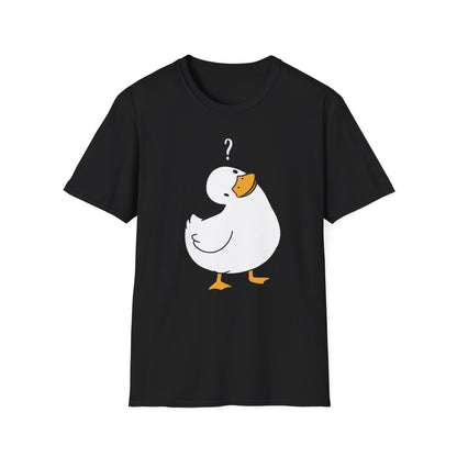 Schwarzes T-Shirt mit weißer, verwirrt blickender Ente und Fragezeichen über dem Kopf – humorvolles Cartoon-Shirt für Männer & Frauen