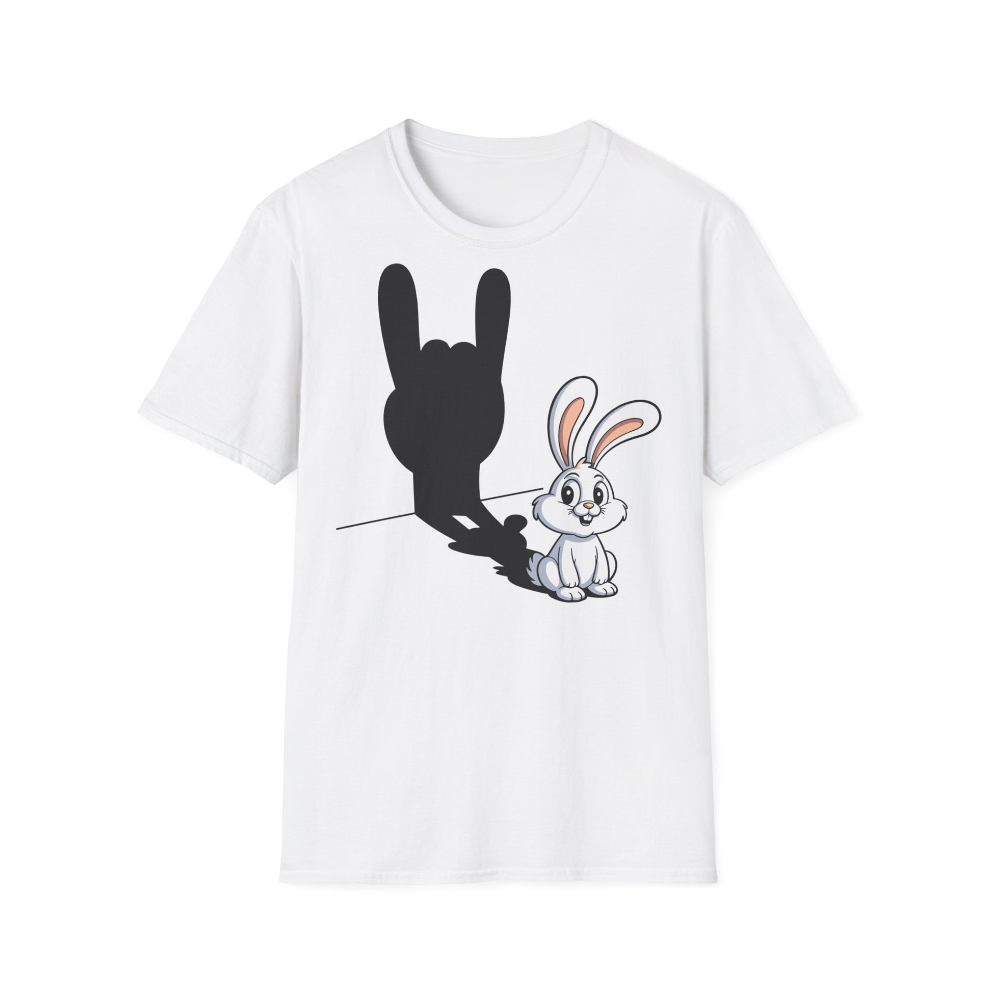 Weißes Unisex T-Shirt mit süßem Hasen und Schatten, der das Rock’n’Roll-Handzeichen zeigt – „Let’s Rock“-Motiv